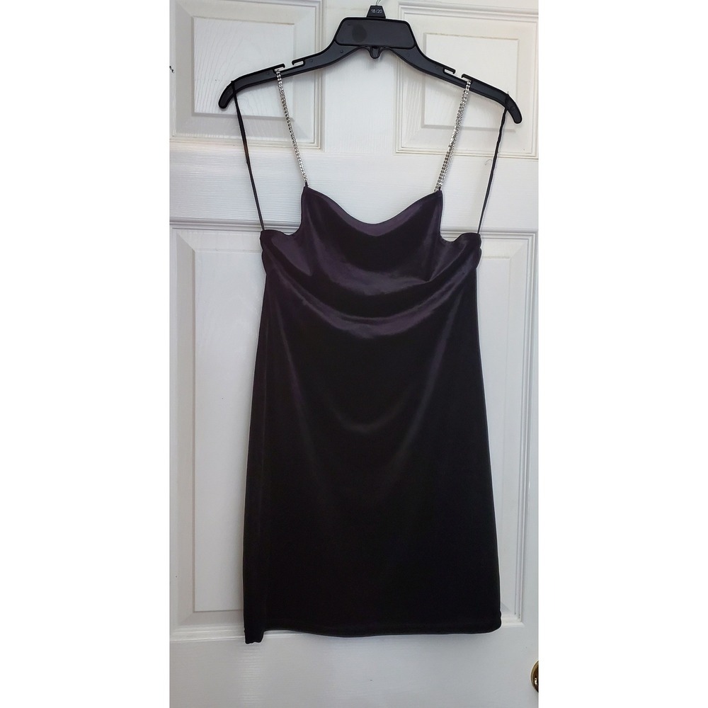 H&M Dress Black Rhinestone Chain Strap Backless Velvet Mini Cocktail Party M